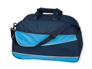Reisetasche aus Polyester 600D mit Schultergurt. 1 Hauptfach und 1 kleines Fach, fester Boden. Farbe dunkelblau mit farbigen Streifen.