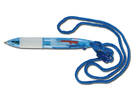 Kunststoffkugelschreiber 2 in 1 mit Textilhalsbandund Gummigrip. Mit blau- und rotschreibender Mine.