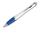 Kunststoffkugelschreiber mit Metallclip,Gummigrip und blauschreibender Mine.