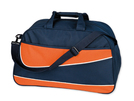 Reisetasche aus Polyester 600D mit Schultergurt. 1 Hauptfach und 1 kleines Fach, fester Boden. Farbe dunkelblau mit farbigen Streifen.