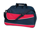 Reisetasche aus Polyester 600D mit Schultergurt. 1 Hauptfach und 1 kleines Fach, fester Boden. Farbe dunkelblau mit farbigen Streifen.